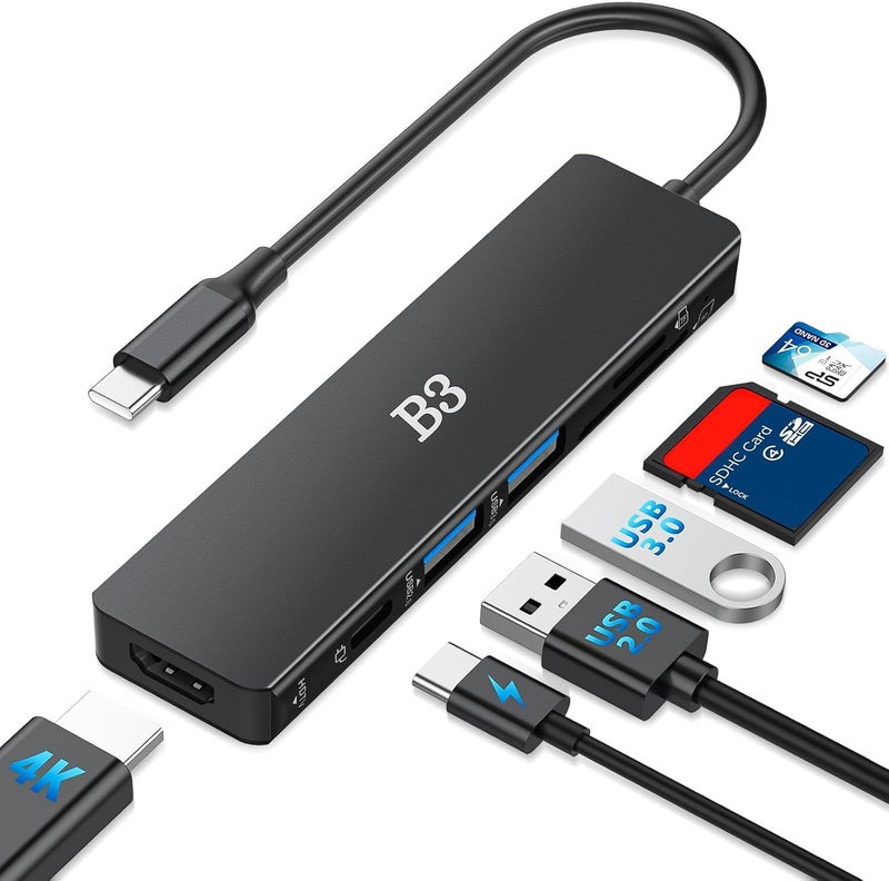 BIGTHREE USB C Hub 6-in-1 Multi-Port Adapter with 4K@60Hz HDMI, 100W PD, 2 USB A Data Ports, and SD/TF Card Reader – Aluminum Type-C Hub for MacBook Air/Pro M1/M2, iPhone, Surface Go, XPS, iPad, Black - Image 1